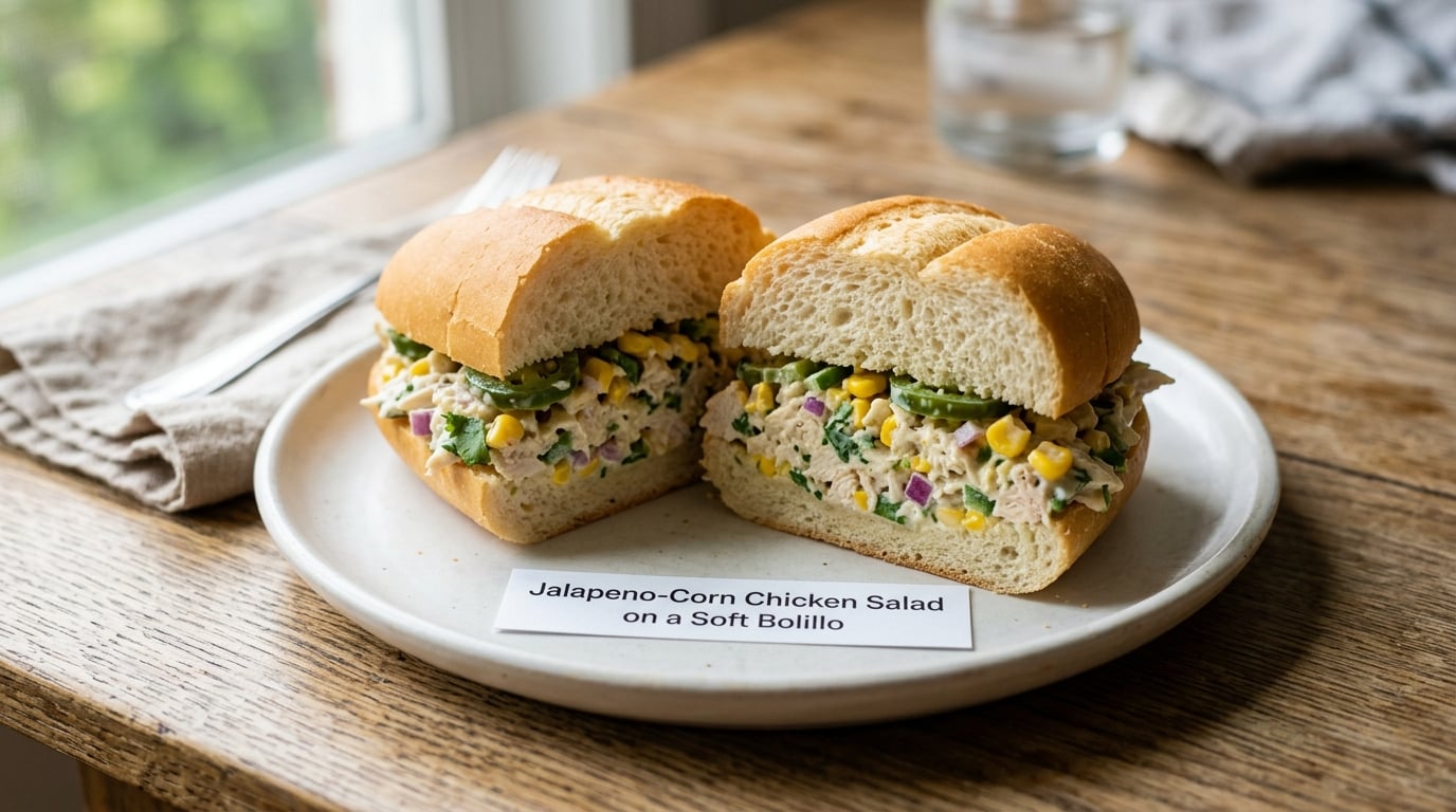 Jalapeno-Corn Chicken Salad on a Soft Bolillo