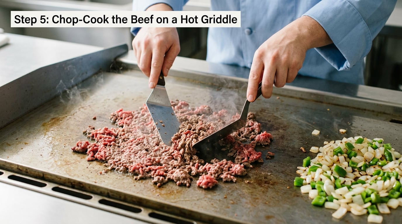 Step 5: Chop-Cook the Beef on a Hot Griddle