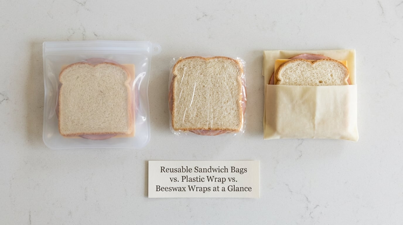 Reusable Sandwich Bags vs. Plastic Wrap vs. Beeswax Wraps at a Glance
