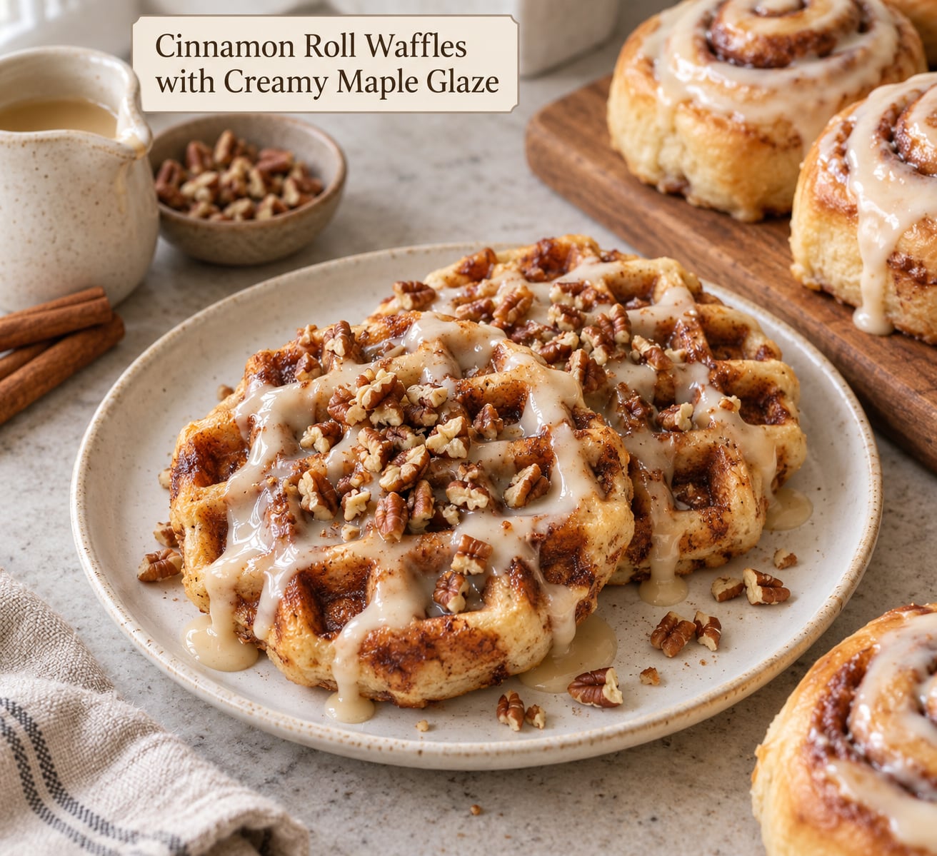 Cinnamon Roll Waffles with Creamy Maple Glaze