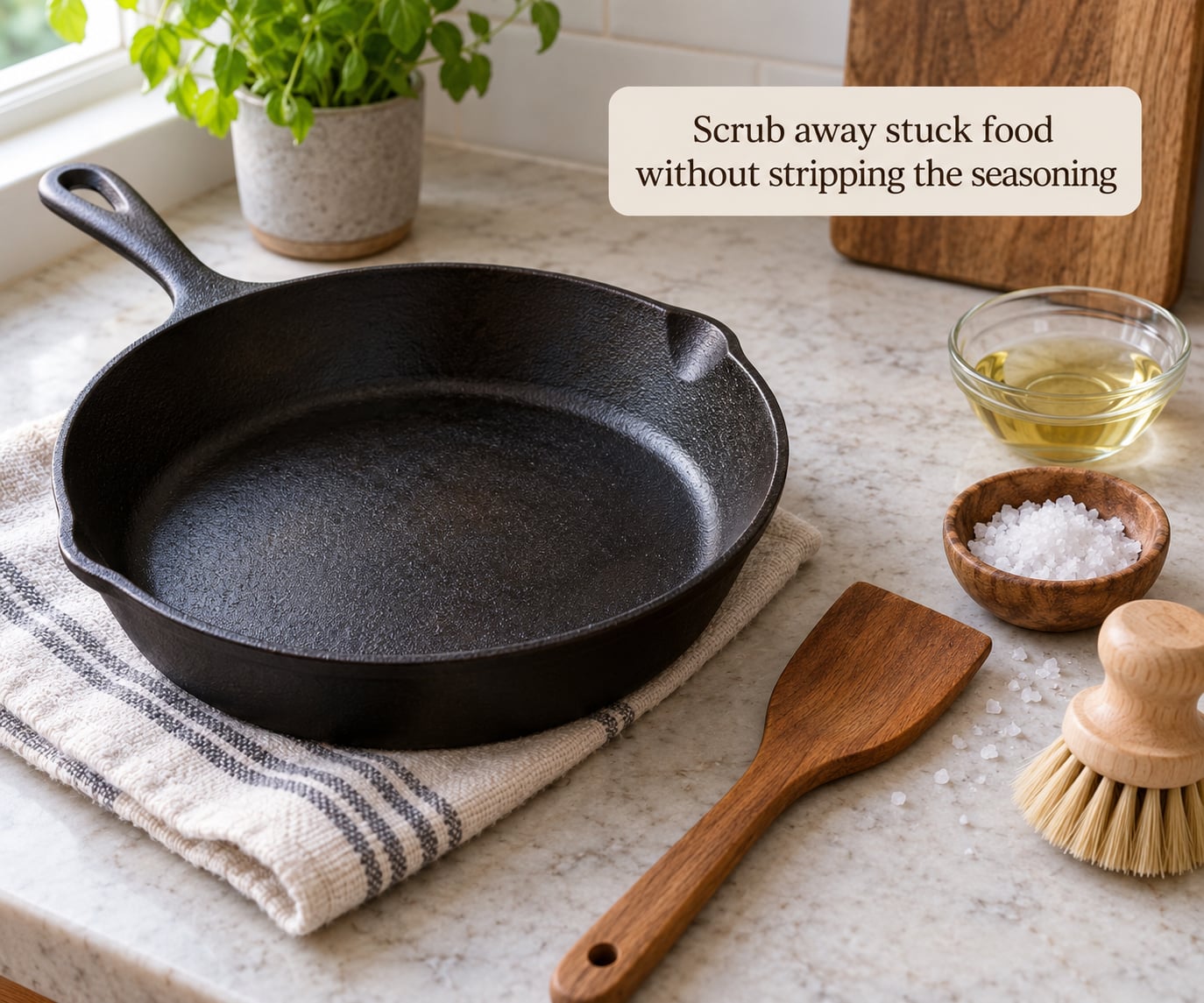 Scrub away stuck food without stripping the seasoning
