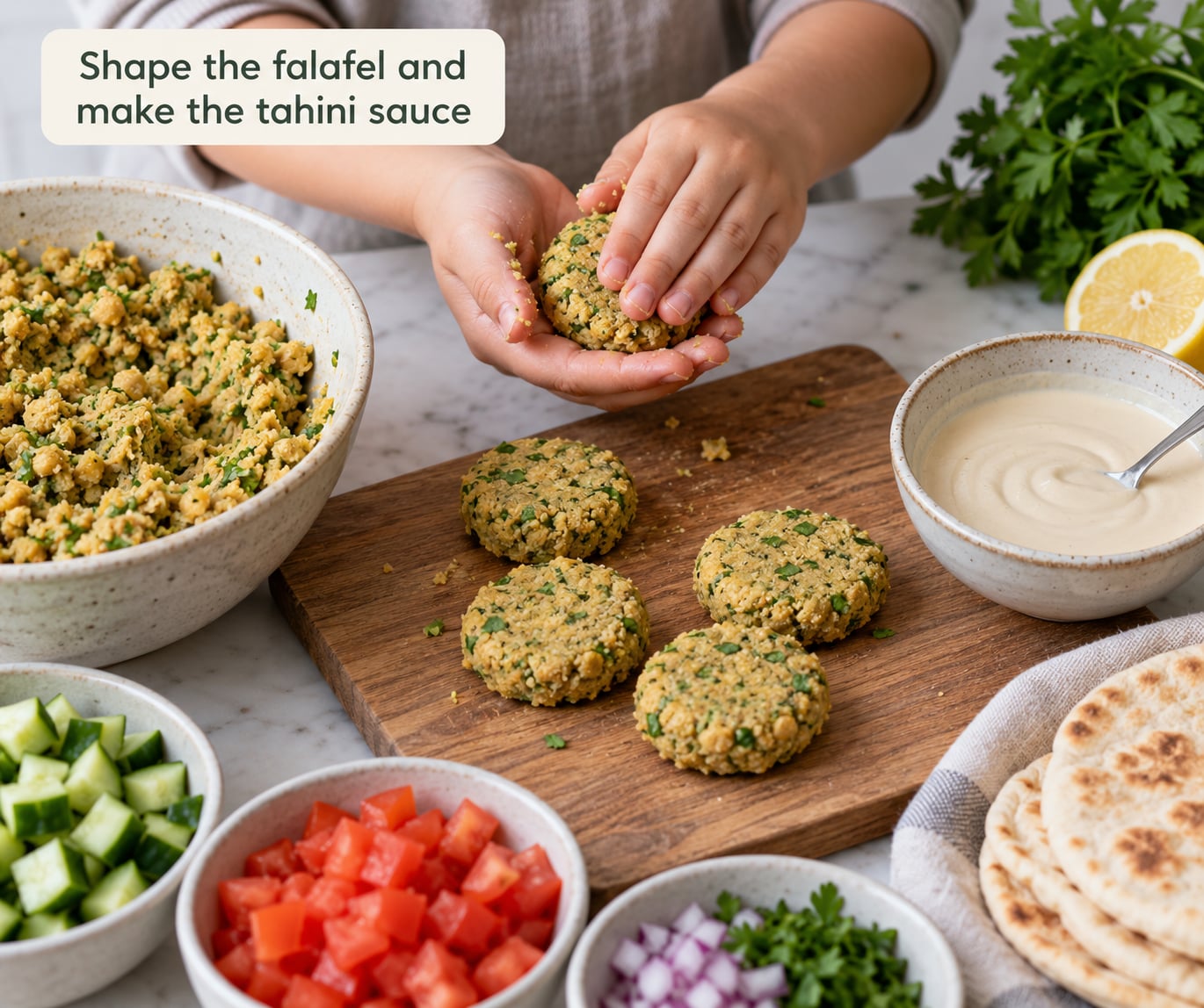 Shape the falafel and make the tahini sauce