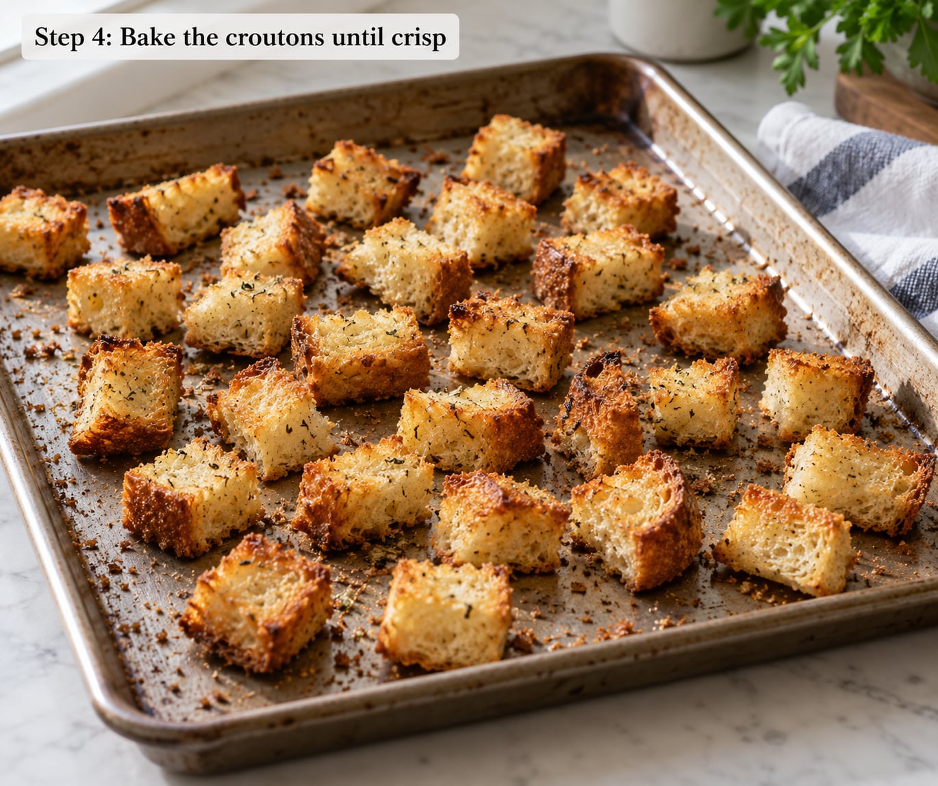 Step 4: Bake the croutons until crisp