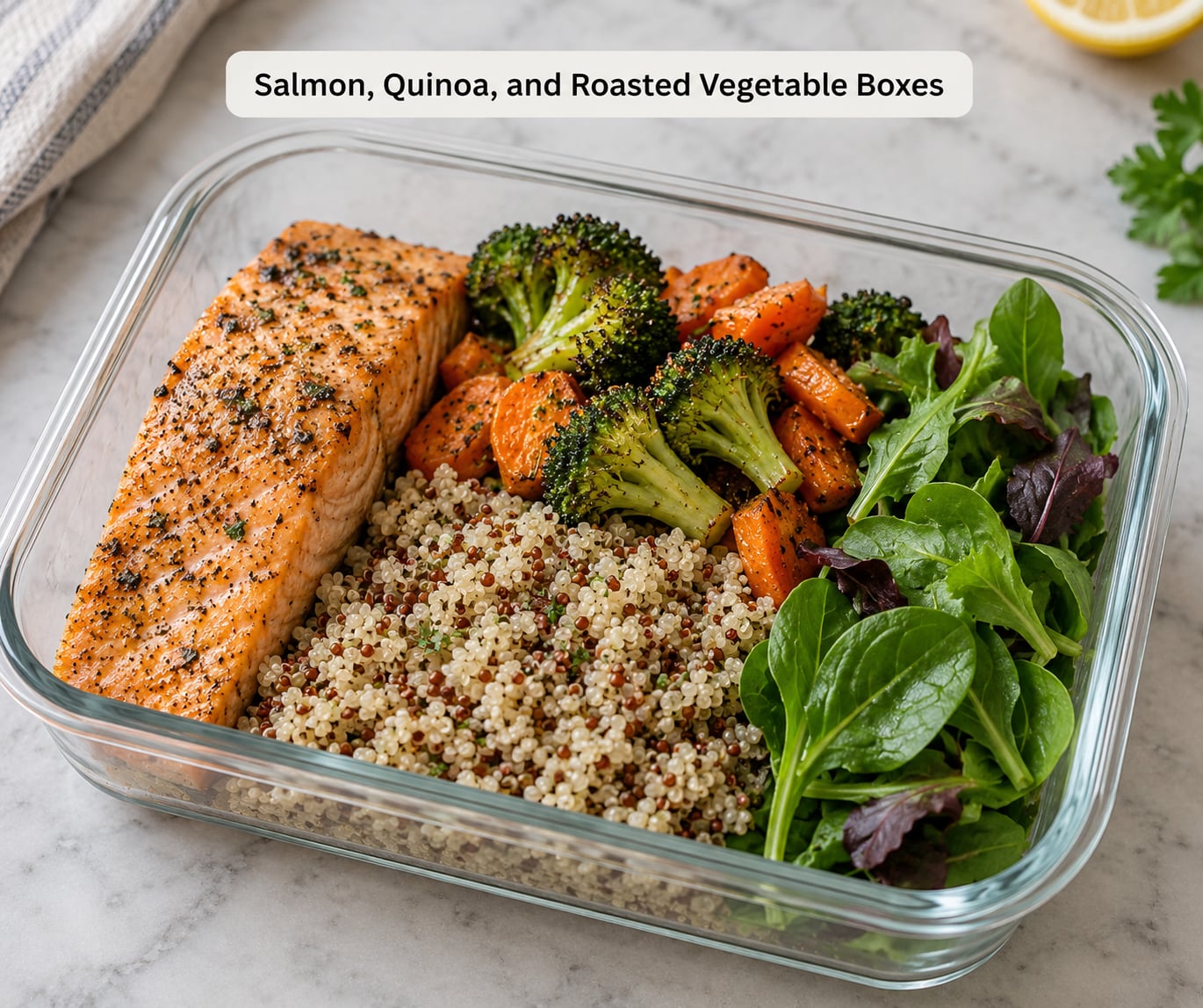 Salmon, Quinoa, and Roasted Vegetable Boxes